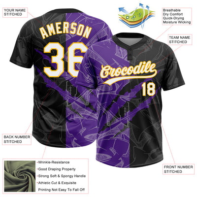 Custom Graffiti Pattern Black Purple-Gold 3D Two-Button Unisex Softball Jersey