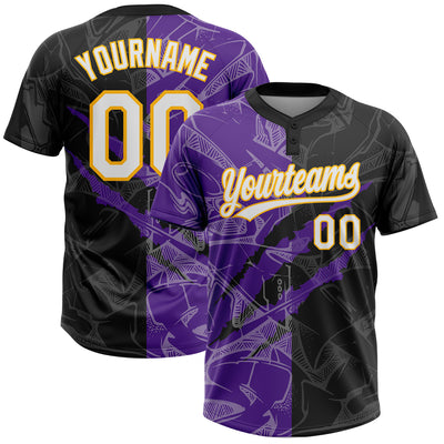 Custom Graffiti Pattern Black Purple-Gold 3D Two-Button Unisex Softball Jersey