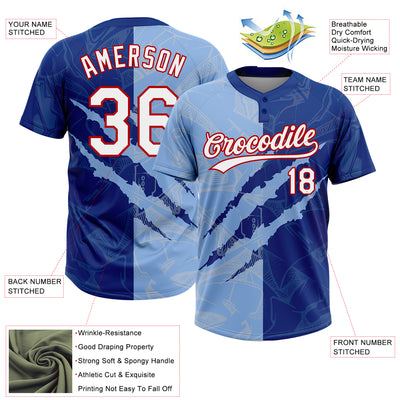 Custom Graffiti Pattern Light Blue Royal-Red 3D Two-Button Unisex Softball Jersey