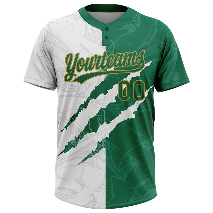 Custom Graffiti Pattern Kelly Green-Old Gold 3D Two-Button Unisex Softball Jersey