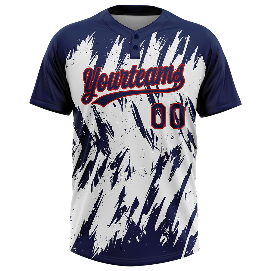 Custom Navy Red-White 3D Pattern Abstract Sharp Shape Two-Button Unisex Softball Jersey