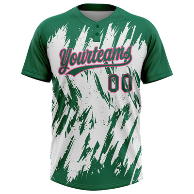 Custom Kelly Green Pink-White 3D Pattern Abstract Sharp Shape Two-Button Unisex Softball Jersey