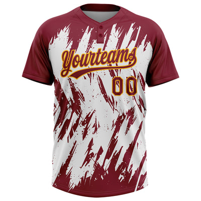 Custom Crimson Gold-White 3D Pattern Abstract Sharp Shape Two-Button Unisex Softball Jersey