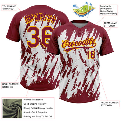 Custom Crimson Gold-White 3D Pattern Abstract Sharp Shape Two-Button Unisex Softball Jersey