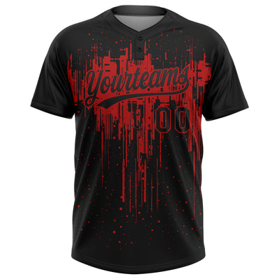 Custom Black Red 3D Pattern Dripping Splatter Art Two-Button Unisex Softball Jersey