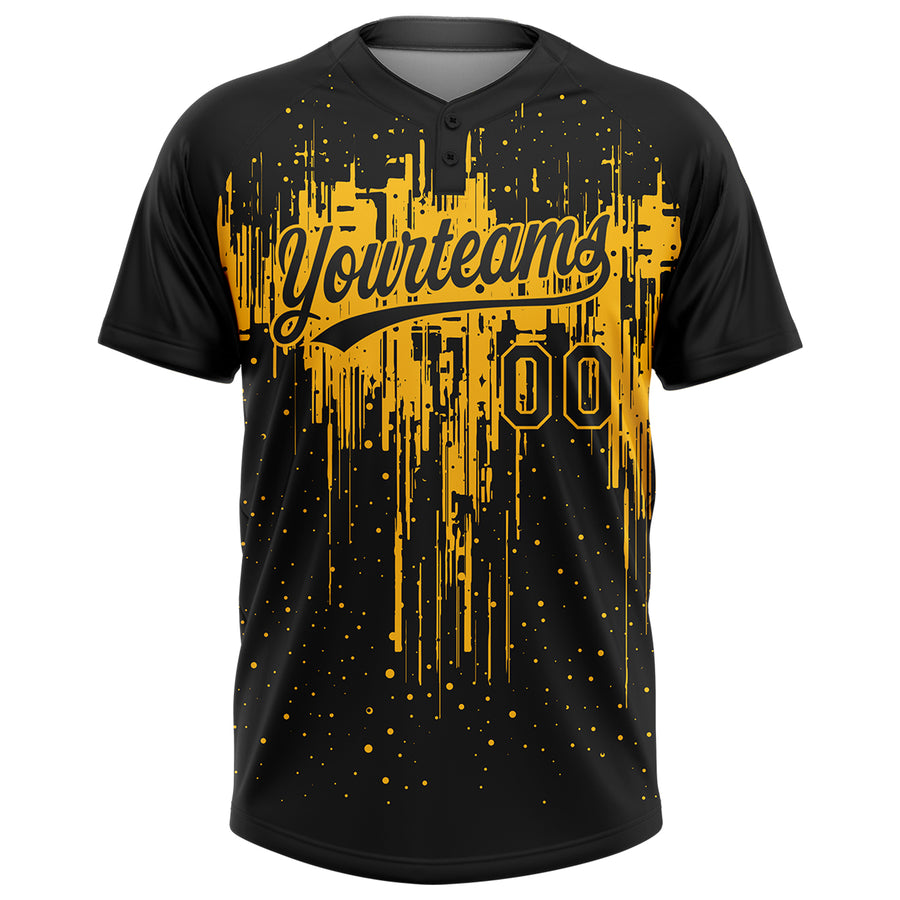 Custom Black Gold 3D Pattern Dripping Splatter Art Two-Button Unisex Softball Jersey