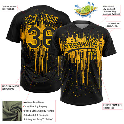 Custom Black Gold 3D Pattern Dripping Splatter Art Two-Button Unisex Softball Jersey