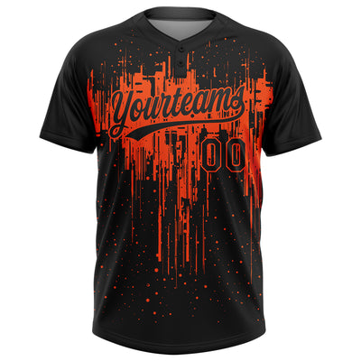 Custom Black Orange 3D Pattern Dripping Splatter Art Two-Button Unisex Softball Jersey