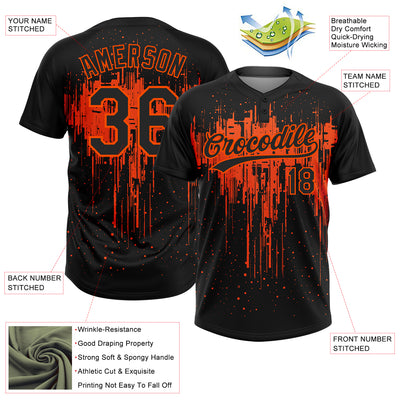 Custom Black Orange 3D Pattern Dripping Splatter Art Two-Button Unisex Softball Jersey