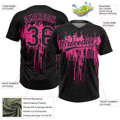 Custom Black Pink 3D Pattern Dripping Splatter Art Two-Button Unisex Softball Jersey