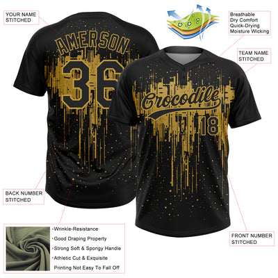 Custom Black Old Gold 3D Pattern Dripping Splatter Art Two-Button Unisex Softball Jersey