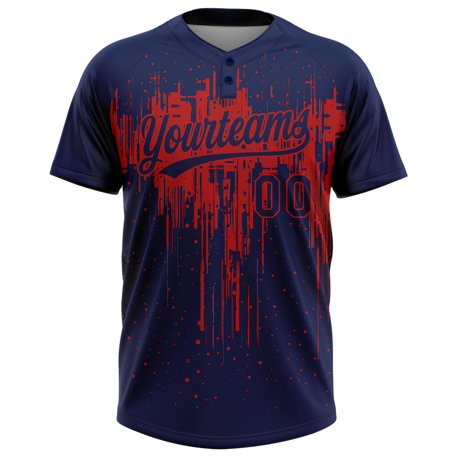 Custom Navy Red 3D Pattern Dripping Splatter Art Two-Button Unisex Softball Jersey