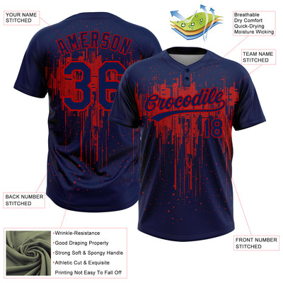 Custom Navy Red 3D Pattern Dripping Splatter Art Two-Button Unisex Softball Jersey