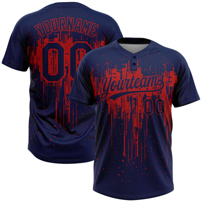 Custom Navy Red 3D Pattern Dripping Splatter Art Two-Button Unisex Softball Jersey