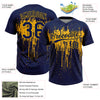 Custom Navy Gold 3D Pattern Dripping Splatter Art Two-Button Unisex Softball Jersey