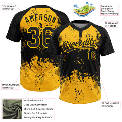 Custom Black Gold 3D Pattern Abstract Splatter Grunge Art Two-Button Unisex Softball Jersey