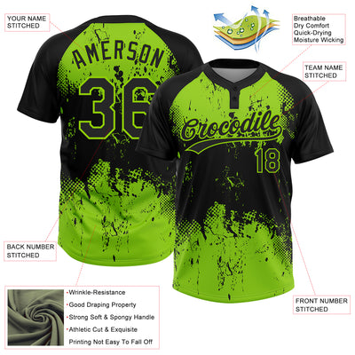 Custom Black Neon Green 3D Pattern Abstract Splatter Grunge Art Two-Button Unisex Softball Jersey