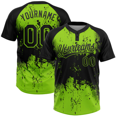 Custom Black Neon Green 3D Pattern Abstract Splatter Grunge Art Two-Button Unisex Softball Jersey