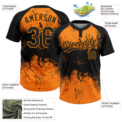 Custom Black Bay Orange 3D Pattern Abstract Splatter Grunge Art Two-Button Unisex Softball Jersey