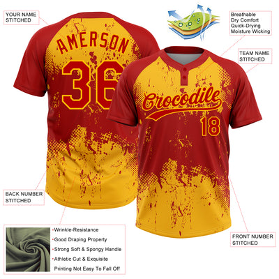 Custom Red Gold 3D Pattern Abstract Splatter Grunge Art Two-Button Unisex Softball Jersey