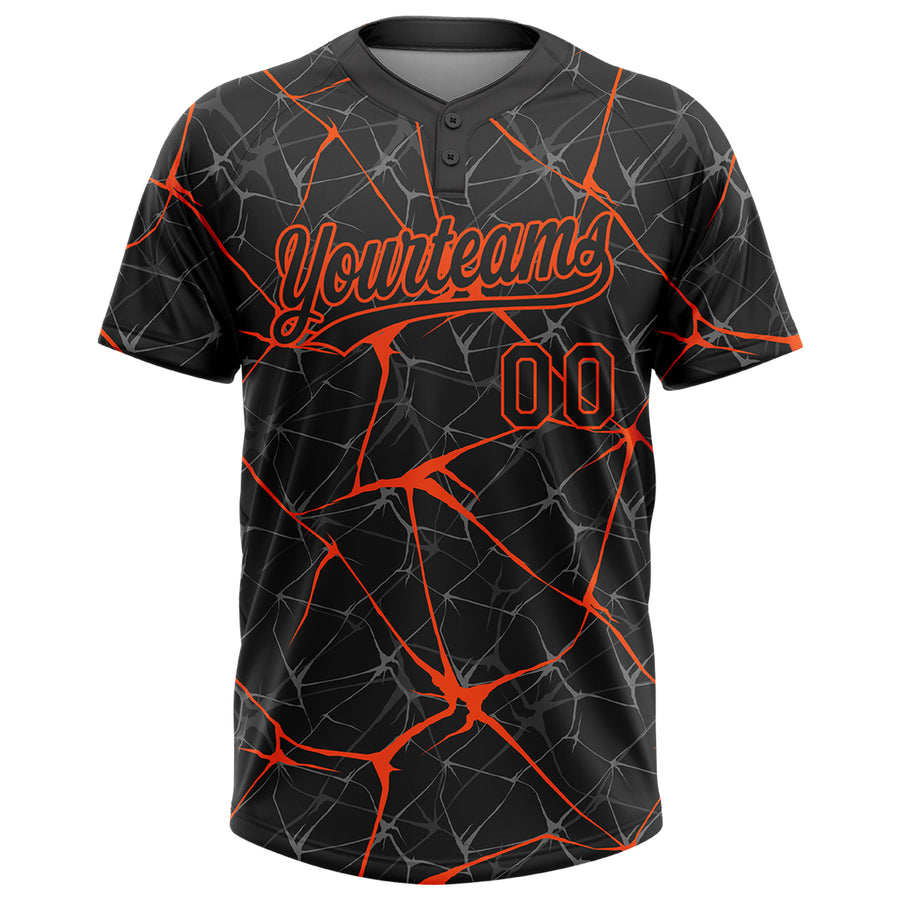 Custom Black Orange 3D Pattern Abstract Network Two-Button Unisex Softball Jersey