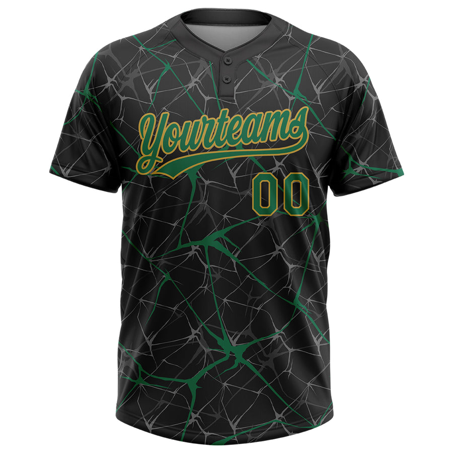 Custom Black Kelly Green-Old Gold 3D Pattern Abstract Network Two-Button Unisex Softball Jersey