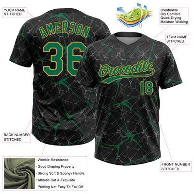 Custom Black Kelly Green-Old Gold 3D Pattern Abstract Network Two-Button Unisex Softball Jersey