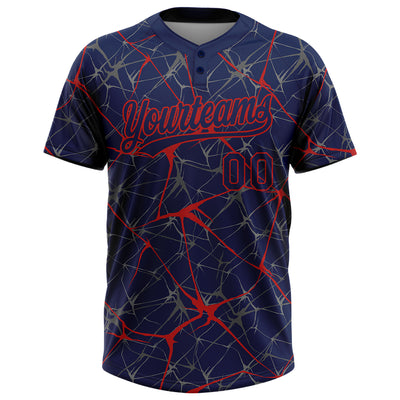 Custom Navy Red 3D Pattern Abstract Network Two-Button Unisex Softball Jersey