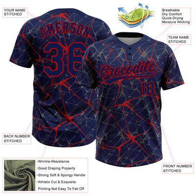 Custom Navy Red 3D Pattern Abstract Network Two-Button Unisex Softball Jersey