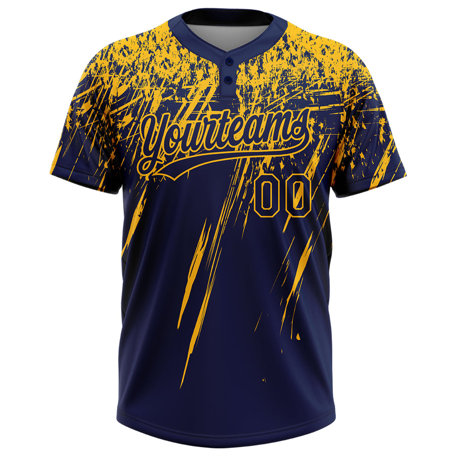 Custom Navy Gold 3D Pattern Abstract Sharp Shape Two-Button Unisex Softball Jersey