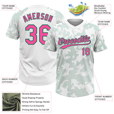 Custom White Pink-Kelly Green 3D Pattern Curve Lines Two-Button Unisex Softball Jersey