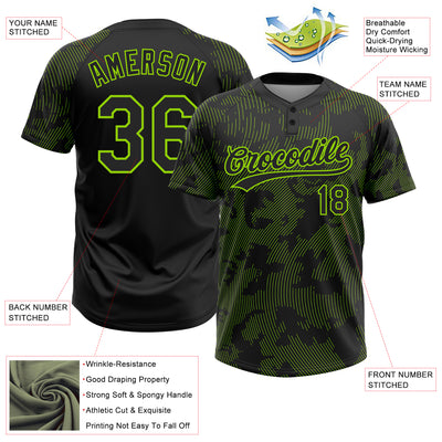 Custom Black Neon Green 3D Pattern Curve Lines Two-Button Unisex Softball Jersey