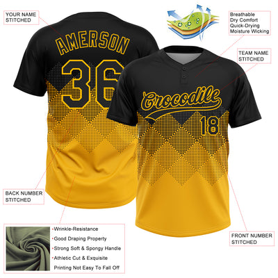 Custom Black Gold 3D Pattern Gradient Square Shapes Two-Button Unisex Softball Jersey