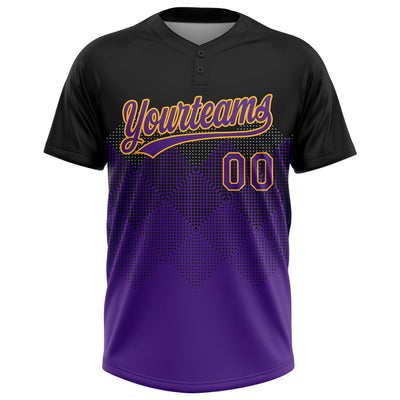 Custom Black Purple-Gold 3D Pattern Gradient Square Shapes Two-Button Unisex Softball Jersey