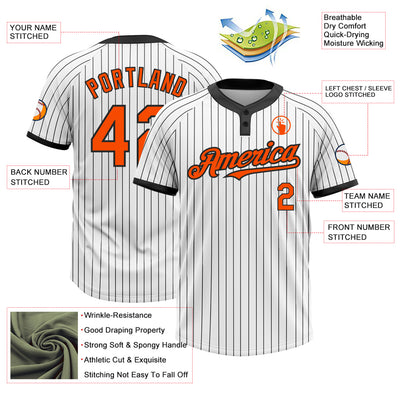 Custom White Black Pinstripe Orange Two-Button Unisex Softball Jersey