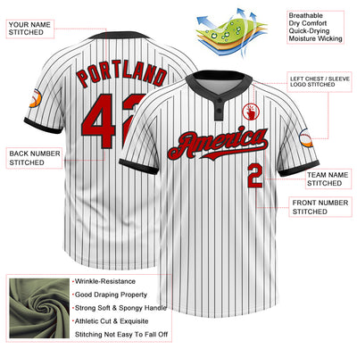 Custom White Black Pinstripe Red Two-Button Unisex Softball Jersey