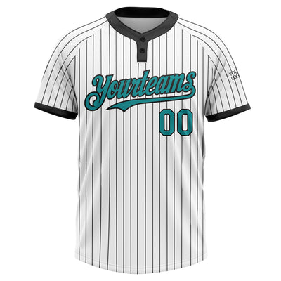 Custom White Black Pinstripe Teal Two-Button Unisex Softball Jersey