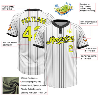 Custom White Black Pinstripe Neon Yellow Two-Button Unisex Softball Jersey