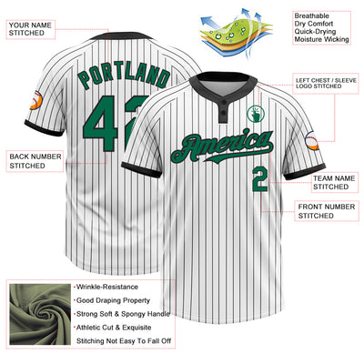 Custom White Black Pinstripe Kelly Green Two-Button Unisex Softball Jersey