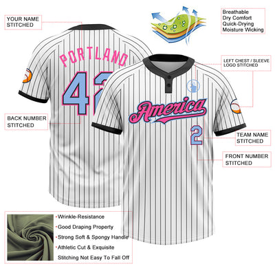 Custom White Black Pinstripe Light Blue-Pink Two-Button Unisex Softball Jersey