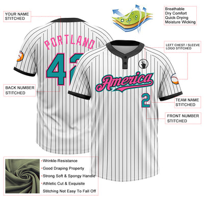 Custom White Black Pinstripe Teal-Pink Two-Button Unisex Softball Jersey