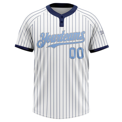 Custom White Navy Pinstripe Light Blue-Gray Two-Button Unisex Softball Jersey