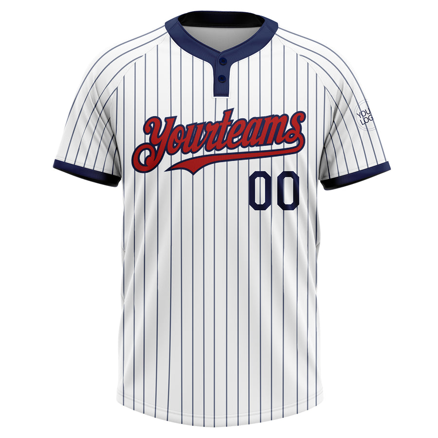 Custom White Navy Pinstripe Red Two-Button Unisex Softball Jersey