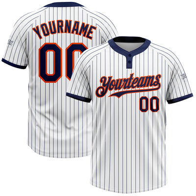 Custom White Navy Pinstripe Orange Two-Button Unisex Softball Jersey