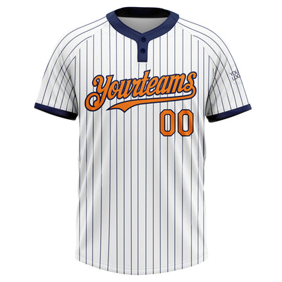 Custom White Navy Pinstripe Bay Orange Two-Button Unisex Softball Jersey