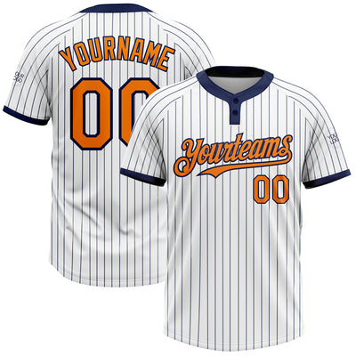 Custom White Navy Pinstripe Bay Orange Two-Button Unisex Softball Jersey