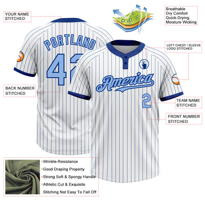 Custom White Royal Pinstripe Light Blue Two-Button Unisex Softball Jersey