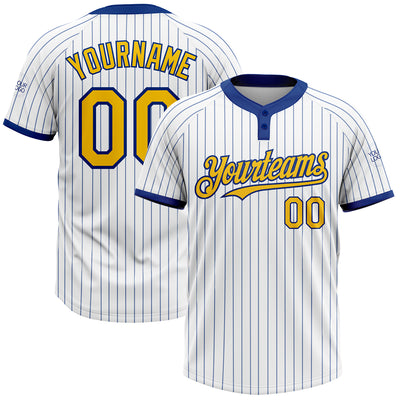 Custom White Royal Pinstripe Yellow Two-Button Unisex Softball Jersey