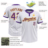 Custom White Purple Pinstripe Gold Two-Button Unisex Softball Jersey