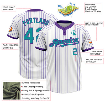 Custom White Purple Pinstripe Teal Two-Button Unisex Softball Jersey